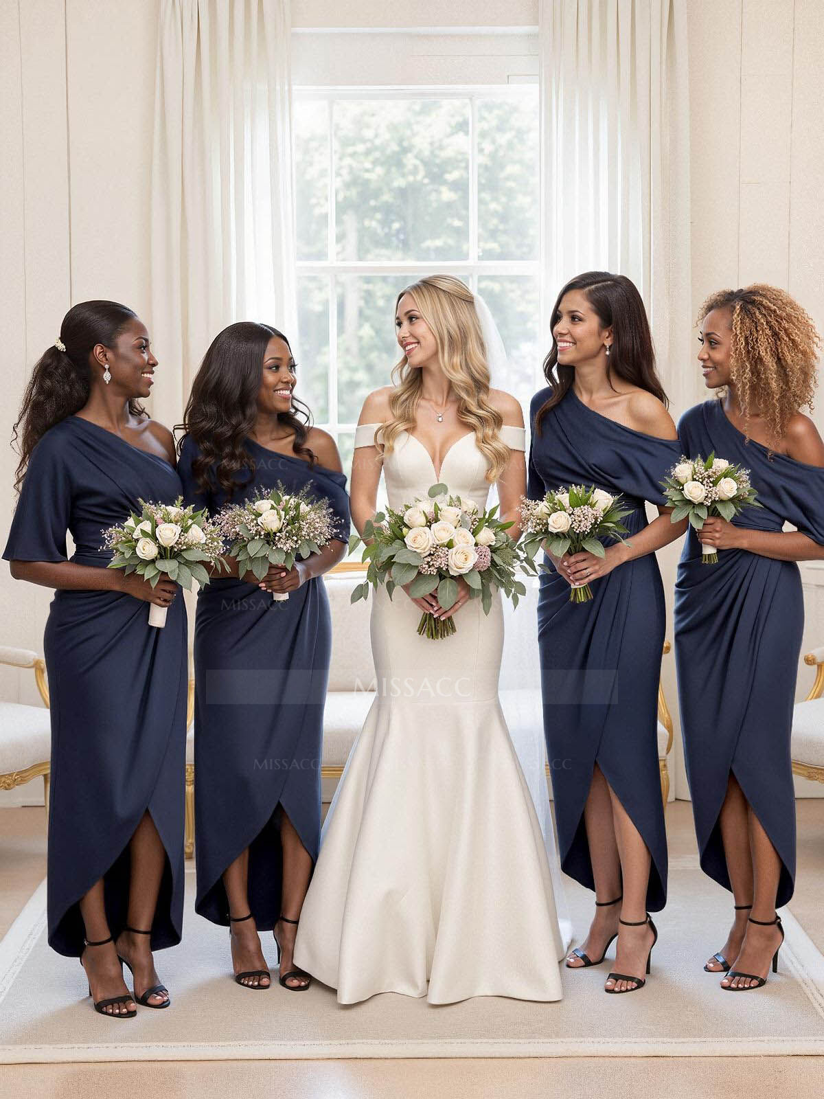 Sheath/Column Asymmetrical Sleeveless Satin Bridesmaid Dresses With Ruffle