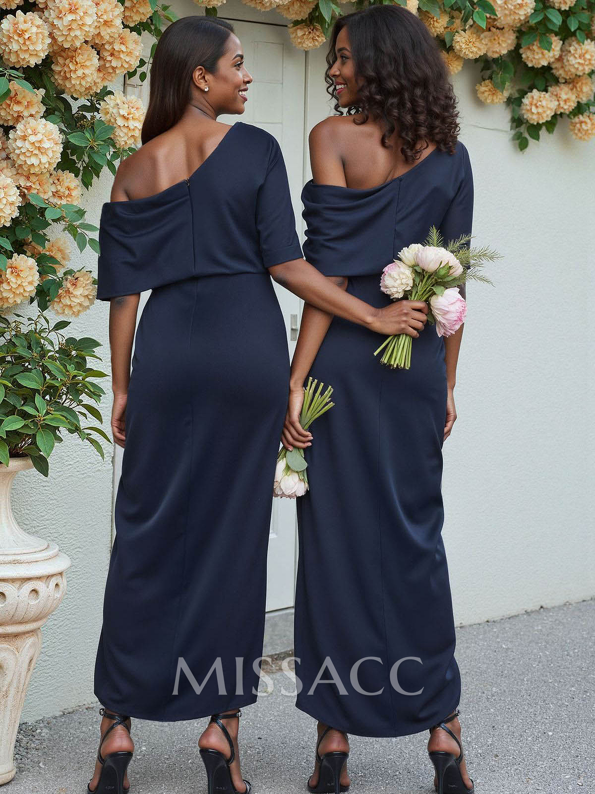 Sheath/Column Asymmetrical Sleeveless Satin Bridesmaid Dresses With Ruffle Sheath/Column Asymmetrical Sleeveless Satin Bridesmaid Dresses With Ruffle