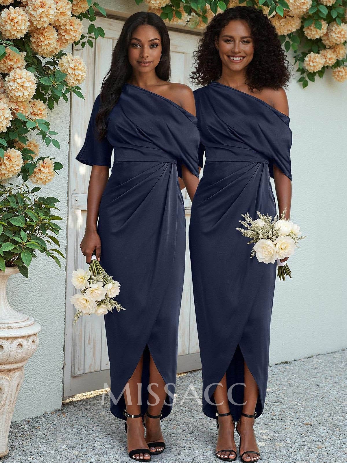 Sheath/Column Asymmetrical Sleeveless Satin Bridesmaid Dresses With Ruffle Sheath/Column Asymmetrical Sleeveless Satin Bridesmaid Dresses With Ruffle