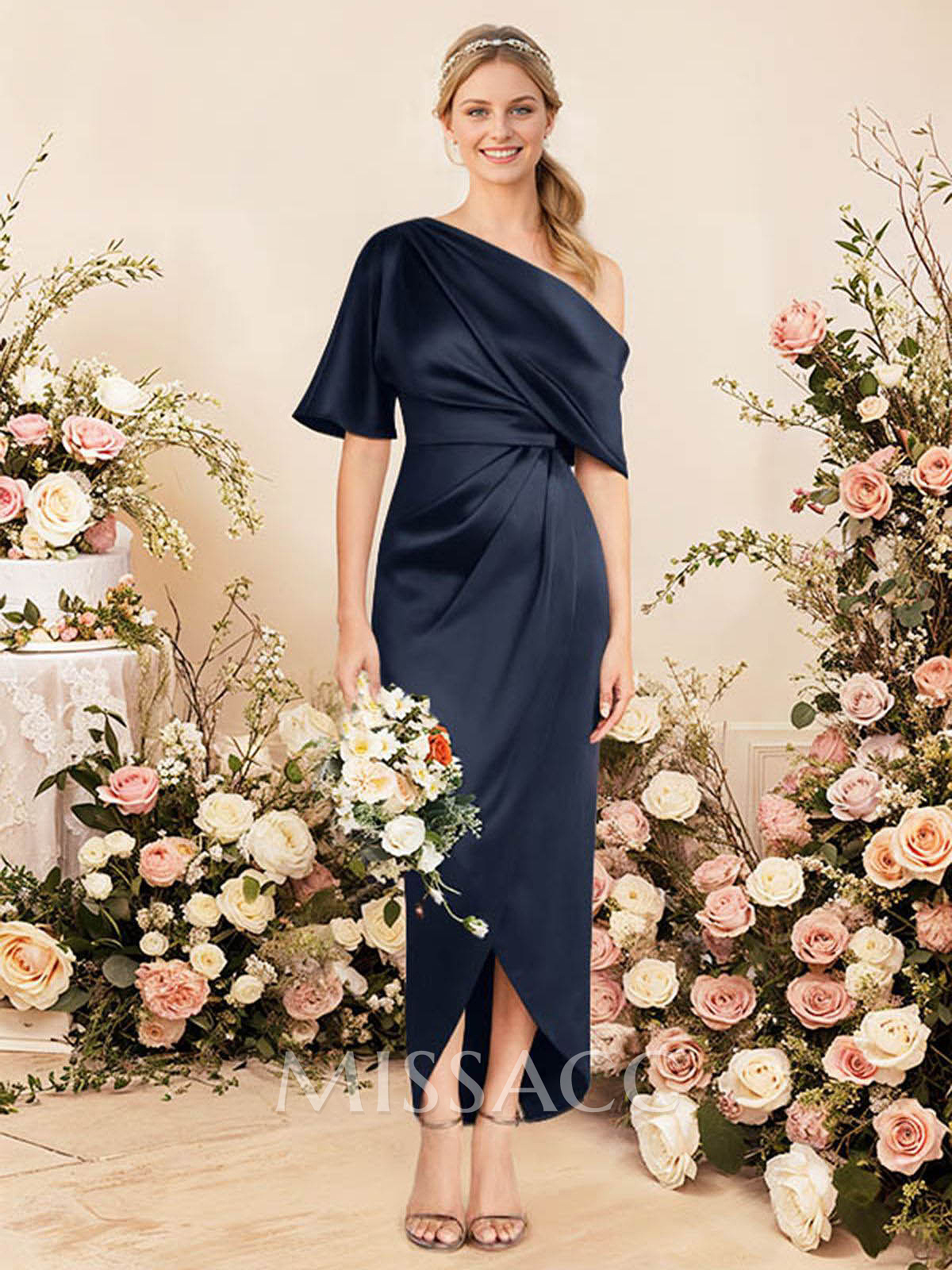 Sheath/Column Asymmetrical Sleeveless Satin Bridesmaid Dresses With Ruffle Sheath/Column Asymmetrical Sleeveless Satin Bridesmaid Dresses With Ruffle