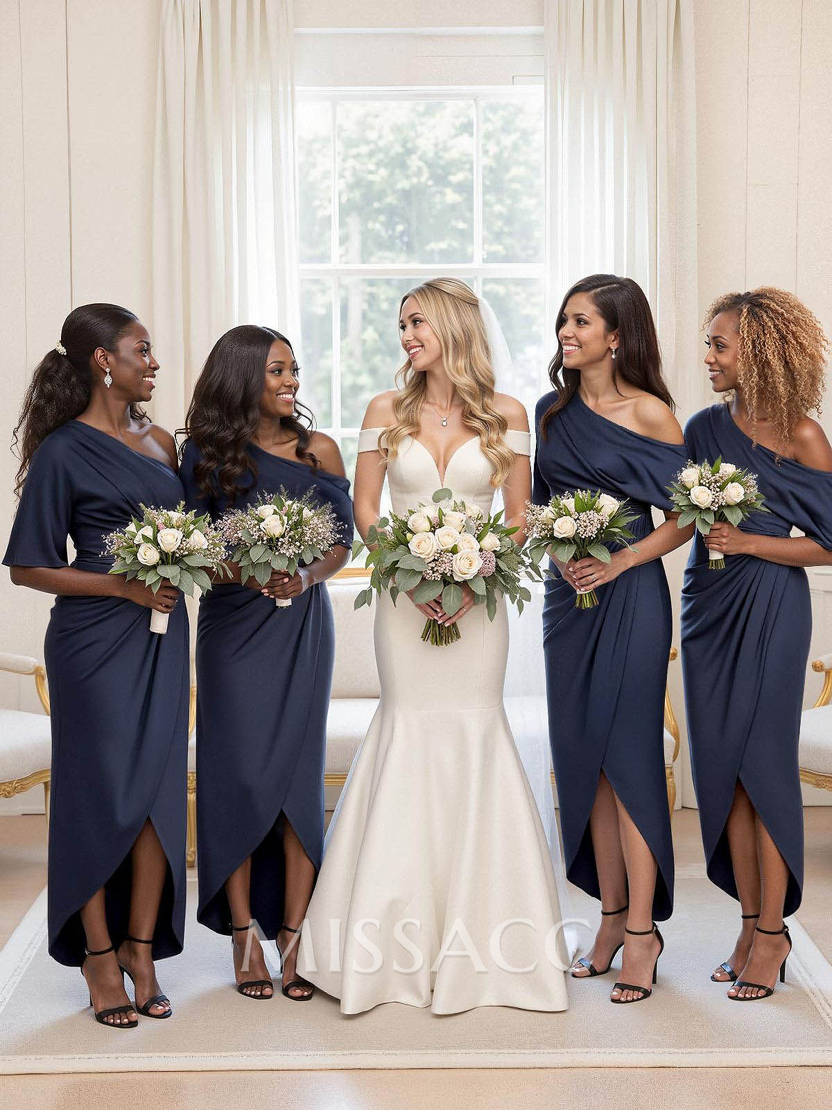 Sheath/Column Asymmetrical Sleeveless Satin Bridesmaid Dresses With Ruffle Sheath/Column Asymmetrical Sleeveless Satin Bridesmaid Dresses With Ruffle