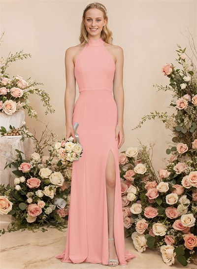 Sheath/Column Halter Elastic Satin Bridesmaid Dresses With Back Hole