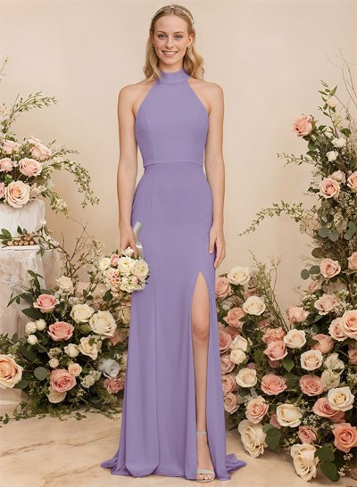 Sheath/Column Halter Elastic Satin Bridesmaid Dresses With Back Hole