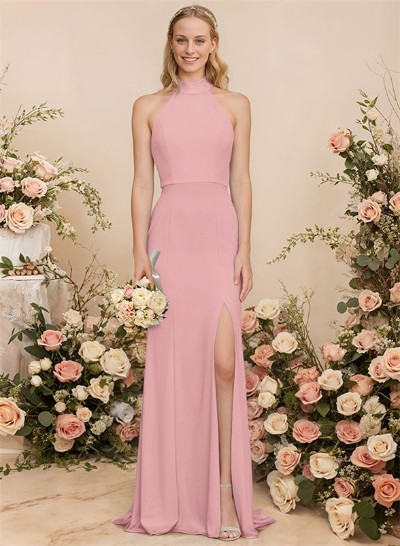 Sheath/Column Halter Elastic Satin Bridesmaid Dresses With Back Hole