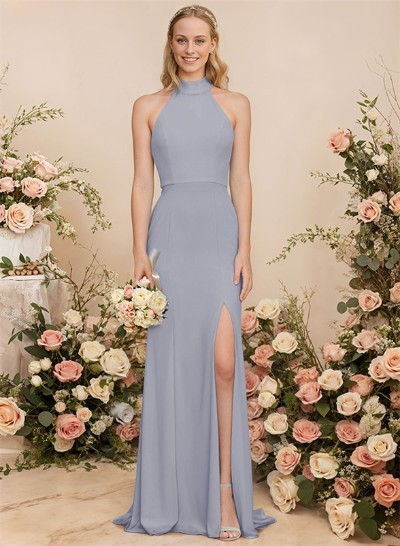 Sheath/Column Halter Elastic Satin Bridesmaid Dresses With Back Hole