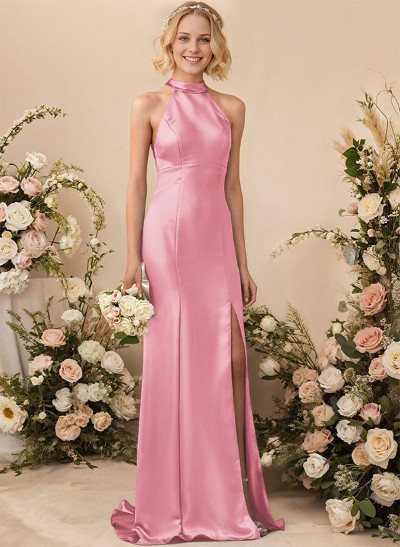 Sheath/Column Halter Sleeveless Silk Like Satin Bridesmaid Dresses