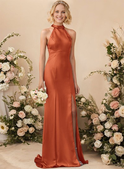 Sheath/Column Halter Sleeveless Silk Like Satin Bridesmaid Dresses