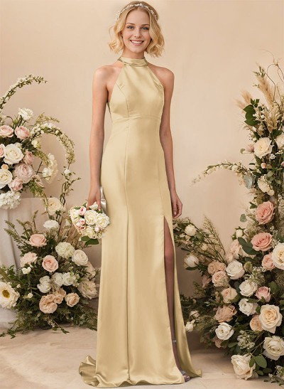 Sheath/Column Halter Sleeveless Silk Like Satin Bridesmaid Dresses