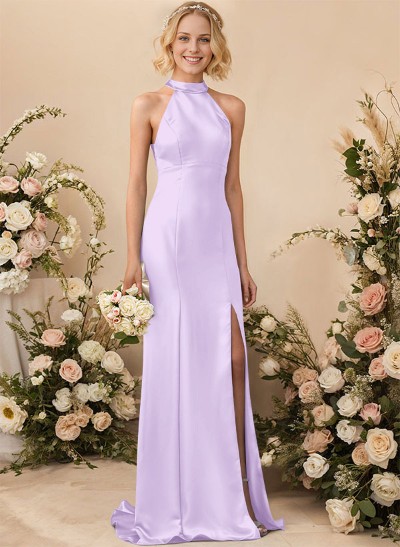 Sheath/Column Halter Sleeveless Silk Like Satin Bridesmaid Dresses