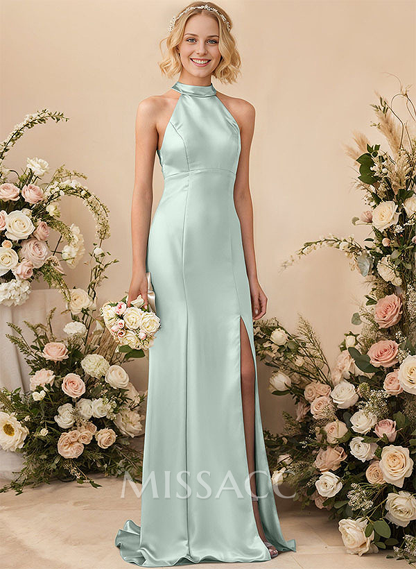 Sheath/Column Halter Sleeveless Silk Like Satin Bridesmaid Dresses Sheath/Column Halter Sleeveless Silk Like Satin Bridesmaid Dresses