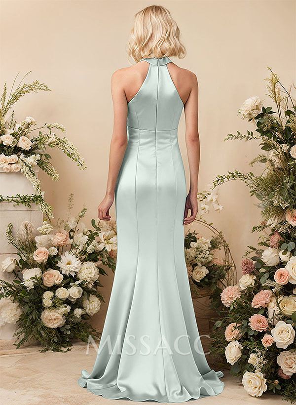Sheath/Column Halter Sleeveless Silk Like Satin Bridesmaid Dresses Sheath/Column Halter Sleeveless Silk Like Satin Bridesmaid Dresses