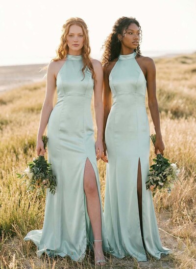 Sheath/Column Halter Sleeveless Silk Like Satin Bridesmaid Dresses