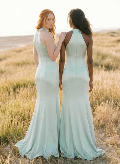 Sheath/Column Halter Sleeveless Silk Like Satin Bridesmaid Dresses