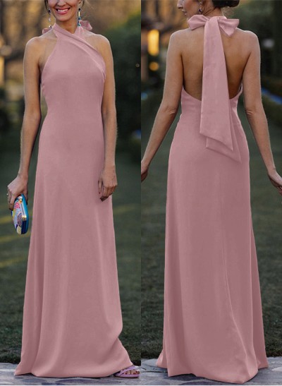 Sheath/Column Halter Sleeveless Floor-Length Elastic Satin Bridesmaid Dresses