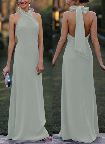 Sheath/Column Halter Sleeveless Floor-Length Elastic Satin Bridesmaid Dresses
