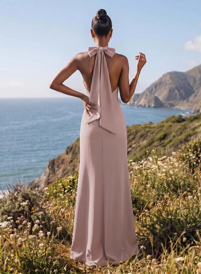 Sheath/Column Halter Sleeveless Floor-Length Elastic Satin Bridesmaid Dresses