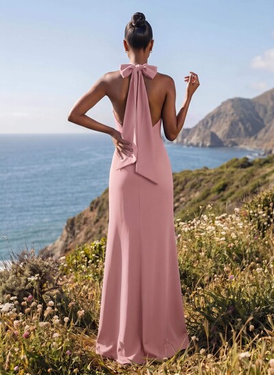 Sheath/Column Halter Sleeveless Floor-Length Elastic Satin Bridesmaid Dresses