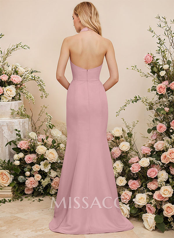 Sheath/Column Halter Elastic Satin Bridesmaid Dresses With Back Hole Sheath/Column Halter Elastic Satin Bridesmaid Dresses With Back Hole