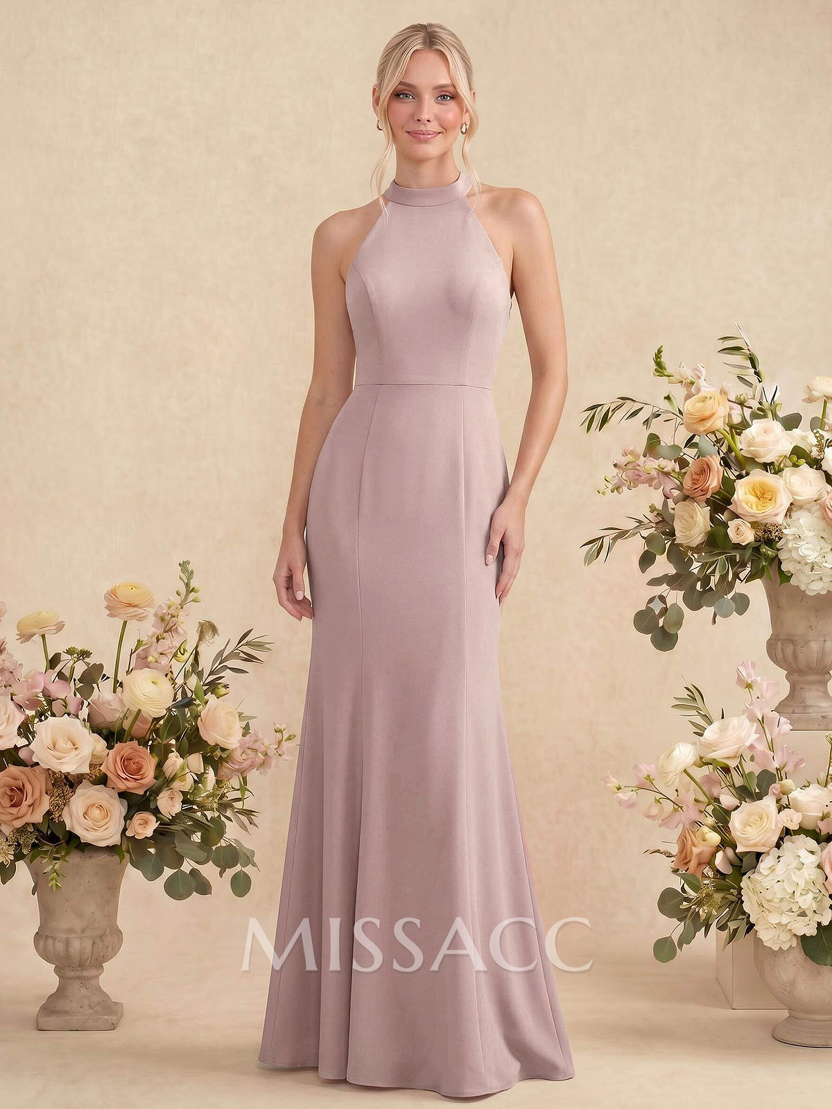 Sheath/Column Halter Elastic Satin Bridesmaid Dresses With Back Hole