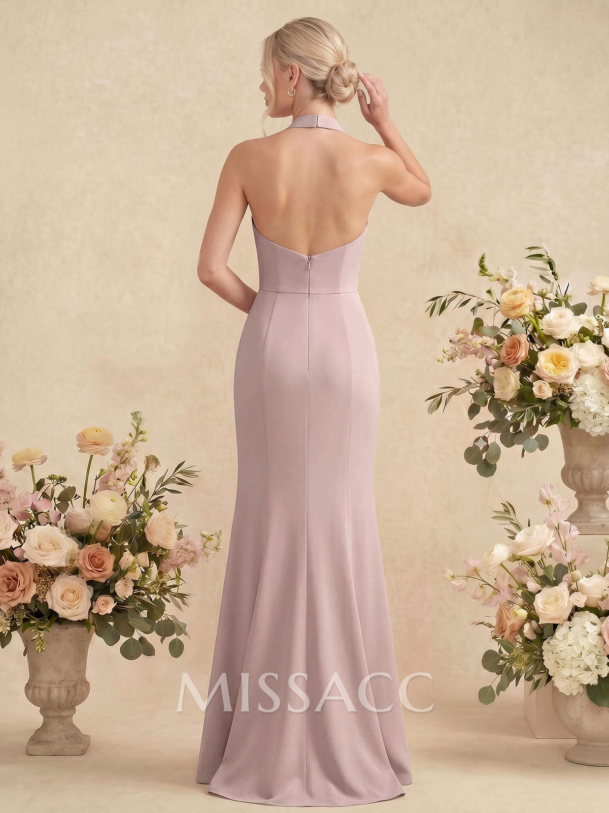 Sheath/Column Halter Elastic Satin Bridesmaid Dresses With Back Hole