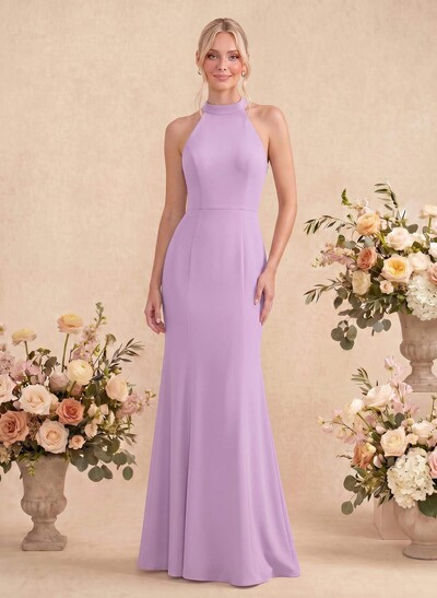 Column Halterneck Stretch Satin Bridesmaid Dress with Keyhole Back