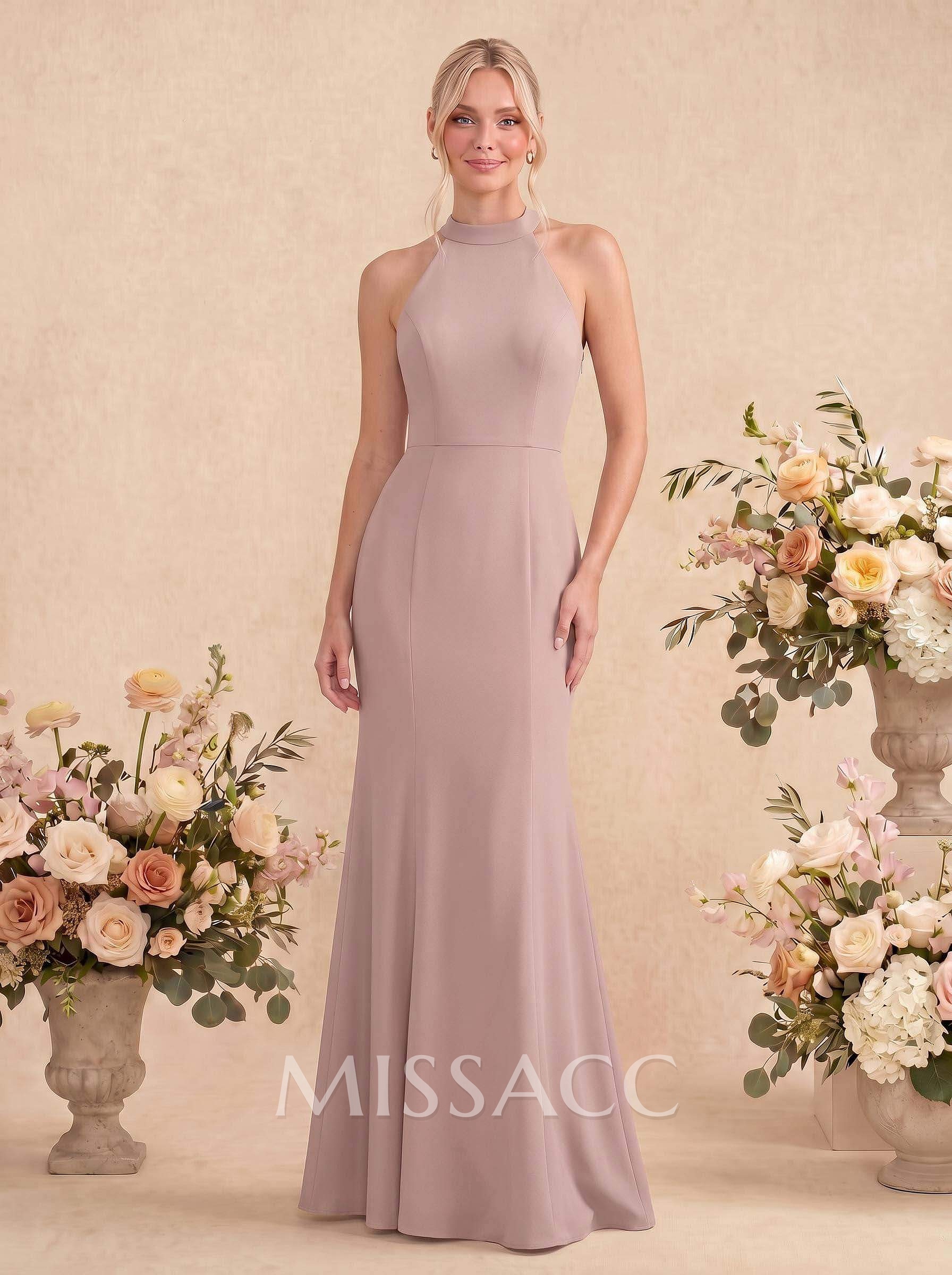 Sheath/Column Halter Elastic Satin Bridesmaid Dresses With Back Hole Sheath/Column Halter Elastic Satin Bridesmaid Dresses With Back Hole