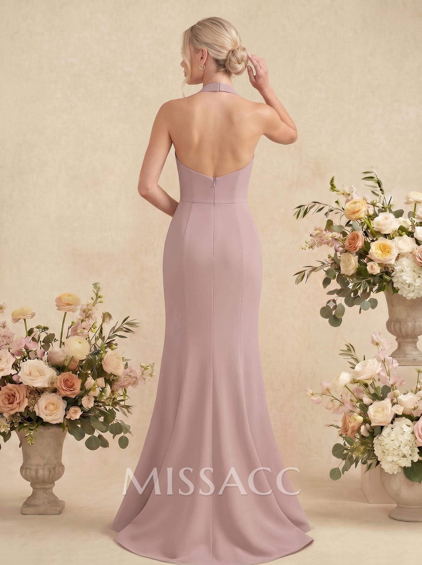 Sheath/Column Halter Elastic Satin Bridesmaid Dresses With Back Hole Sheath/Column Halter Elastic Satin Bridesmaid Dresses With Back Hole