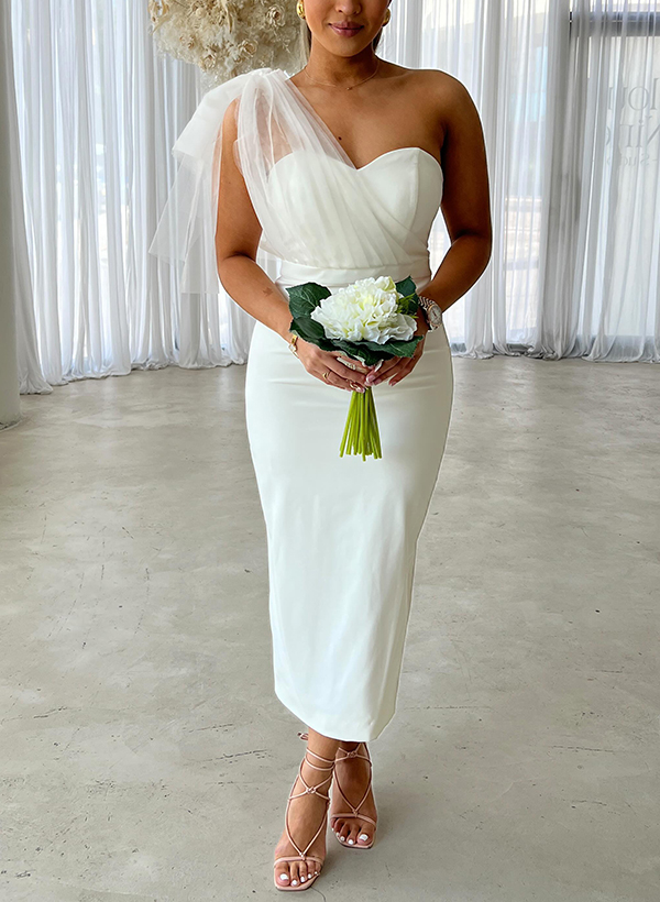 Sheath/Column One-Shoulder Sleeveless Tea-Length Bridesmaid Dresses