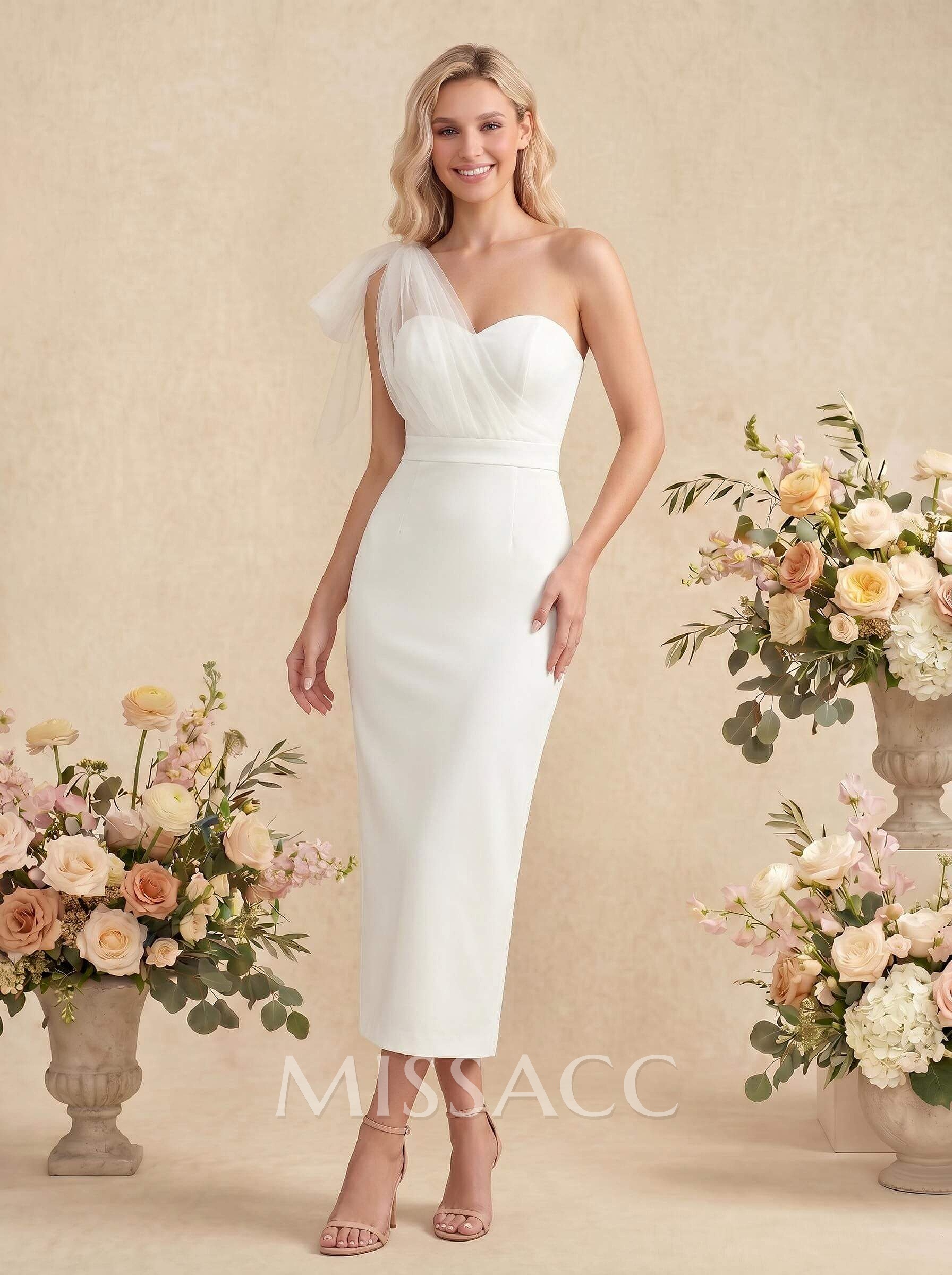Sheath/Column One-Shoulder Sleeveless Tea-Length Elastic Satin Bridesmaid Dresses