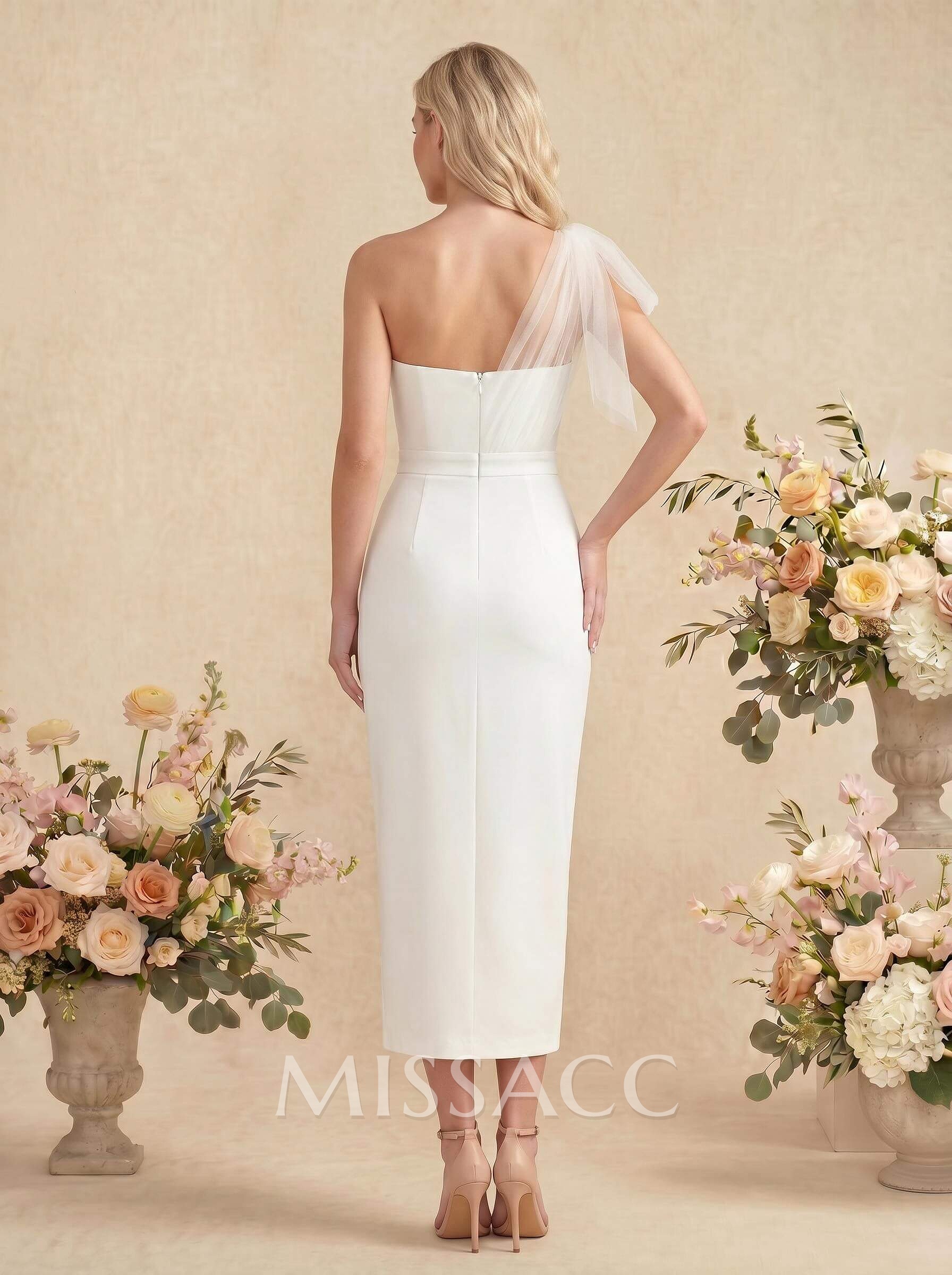 Sheath/Column One-Shoulder Sleeveless Tea-Length Elastic Satin Bridesmaid Dresses