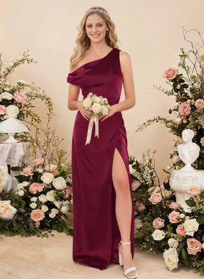 Sheath/Column One-Shoulder Silk Like Satin Bridesmaid Dresses With High Split