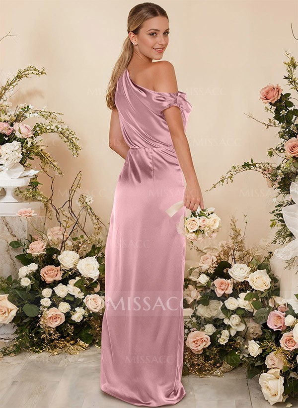 Sheath/Column One-Shoulder Silk Like Satin Bridesmaid Dresses With High Split