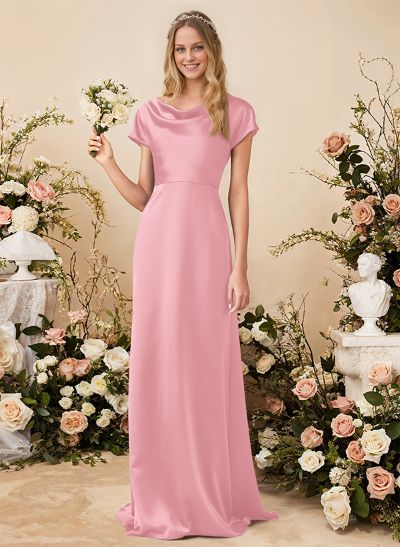 A-Line Cowl Neck Short Sleeves Sweep Train Silk Like Satin Bridesmaid Dresses