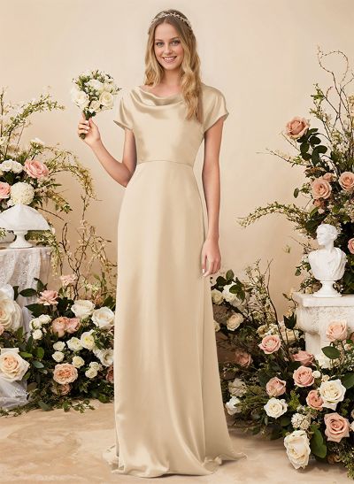 A-Line Cowl Neck Short Sleeves Sweep Train Silk Like Satin Bridesmaid Dresses