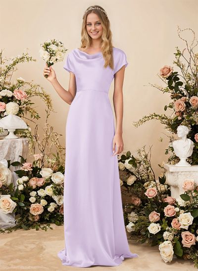 A-Line Cowl Neck Short Sleeves Sweep Train Silk Like Satin Bridesmaid Dresses