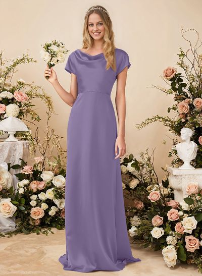 A-Line Cowl Neck Short Sleeves Sweep Train Silk Like Satin Bridesmaid Dresses