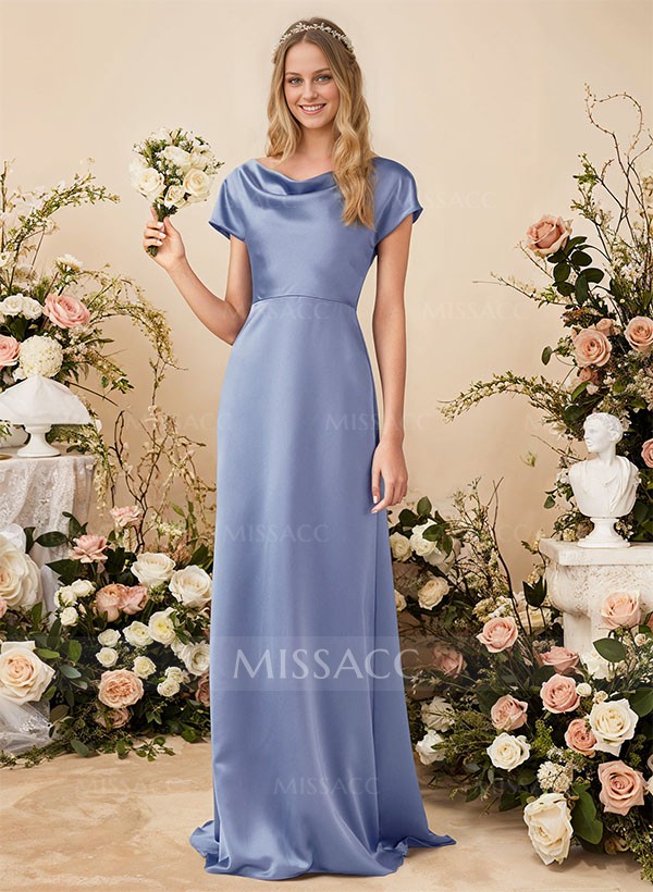 A-Line Cowl Neck Short Sleeves Sweep Train Silk Like Satin Bridesmaid Dresses