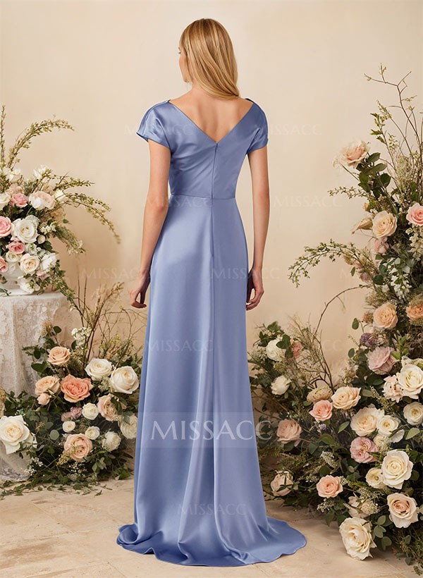 A-Line Cowl Neck Short Sleeves Sweep Train Silk Like Satin Bridesmaid Dresses