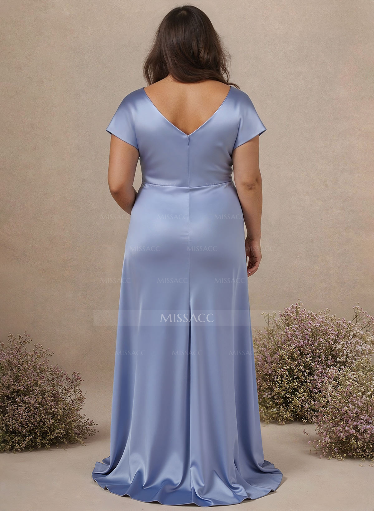 A-Line Cowl Neck Short Sleeves Sweep Train Silk Like Satin Bridesmaid Dresses
