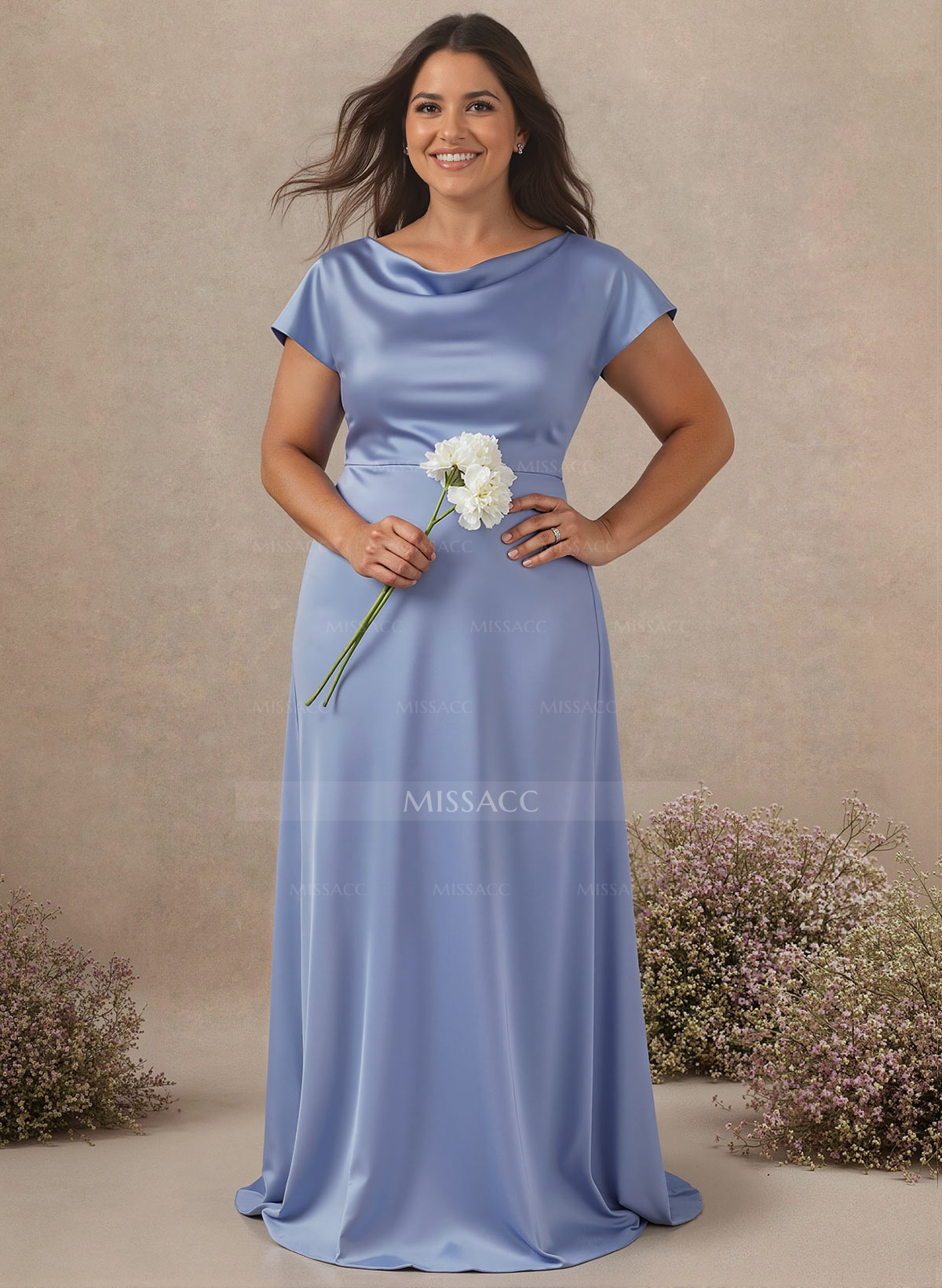 A-Line Cowl Neck Short Sleeves Sweep Train Silk Like Satin Bridesmaid Dresses