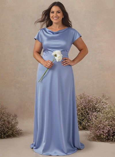 A-Line Cowl Neck Short Sleeves Sweep Train Silk Like Satin Bridesmaid Dresses