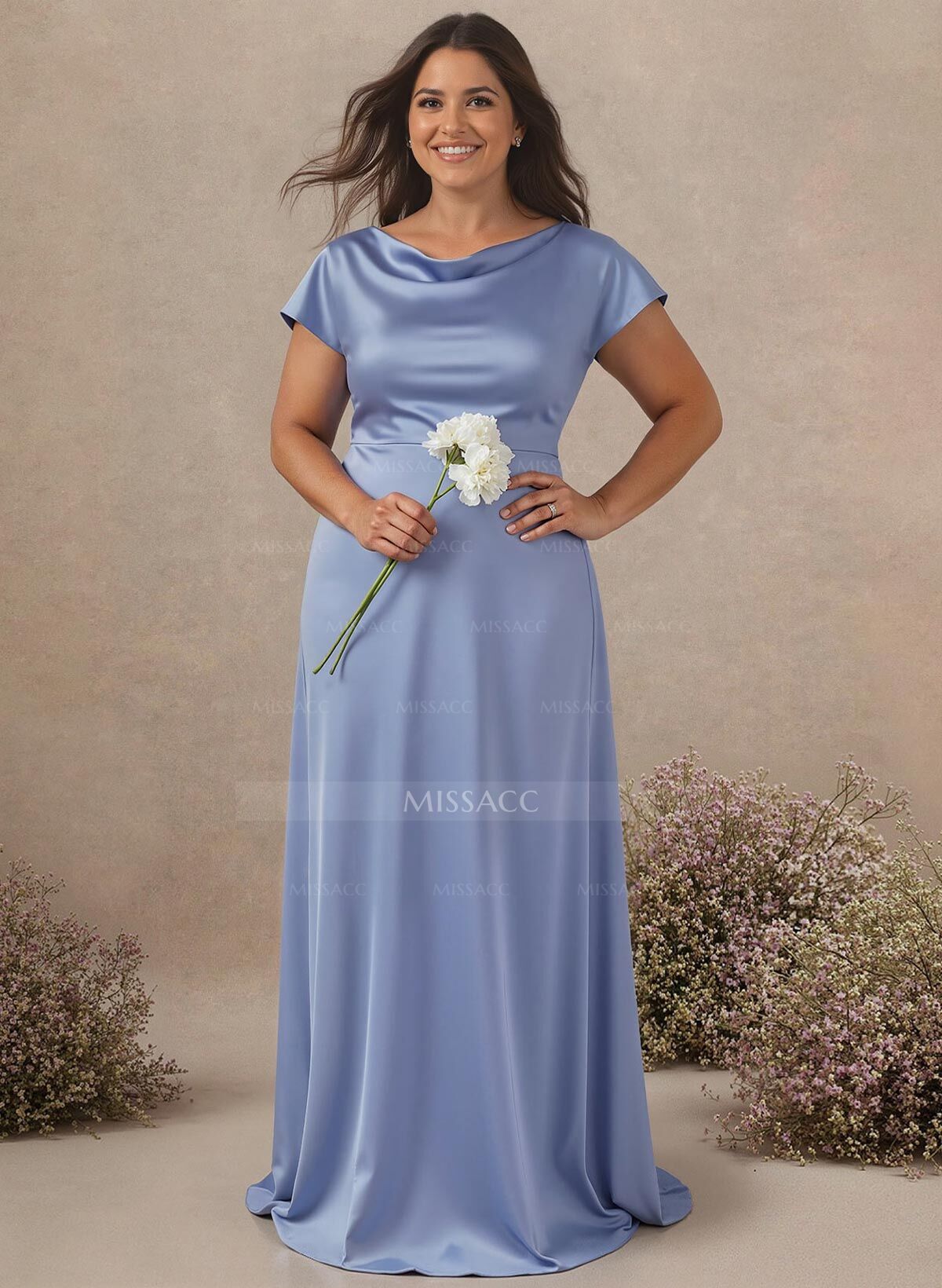 A-Line Cowl Neck Short Sleeves Sweep Train Silk Like Satin Bridesmaid Dresses