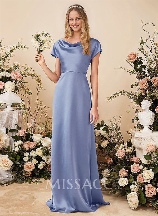 A-Line Cowl Neck Short Sleeves Sweep Train Silk Like Satin Bridesmaid Dresses A-Line Cowl Neck Short Sleeves Sweep Train Silk Like Satin Bridesmaid Dresses