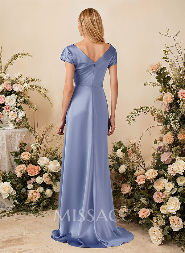 A-Line Cowl Neck Short Sleeves Sweep Train Silk Like Satin Bridesmaid Dresses A-Line Cowl Neck Short Sleeves Sweep Train Silk Like Satin Bridesmaid Dresses