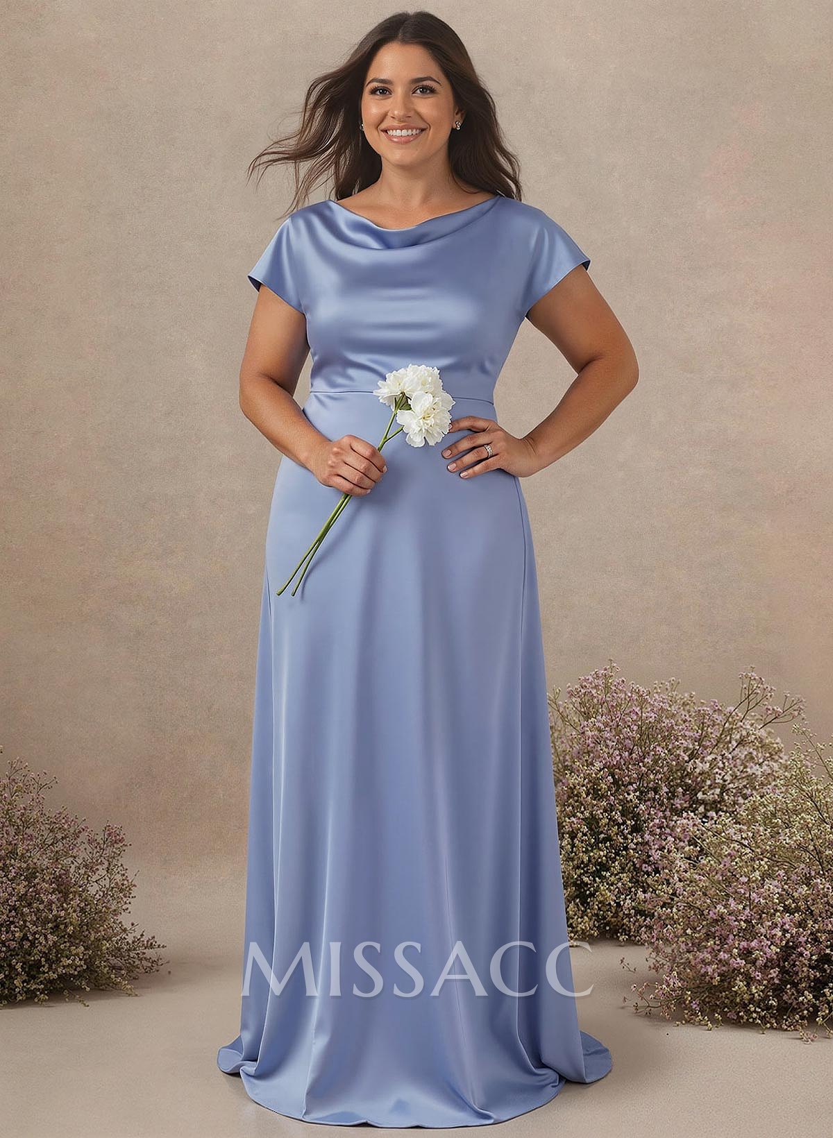 A-Line Cowl Neck Short Sleeves Sweep Train Silk Like Satin Bridesmaid Dresses A-Line Cowl Neck Short Sleeves Sweep Train Silk Like Satin Bridesmaid Dresses