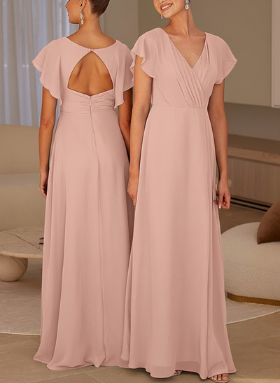 A-Line V-Neck Short Sleeves Floor-Length Chiffon Bridesmaid Dresses With Back Hole