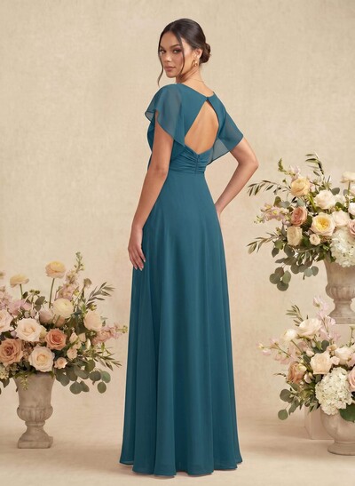 A-Line V-Neck Short Sleeves Floor-Length Chiffon Bridesmaid Dresses With Back Hole