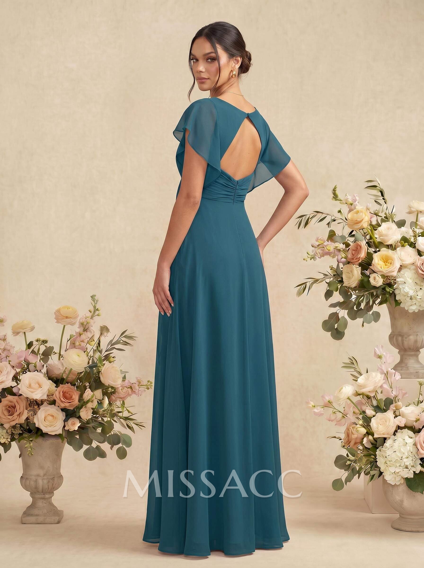 A-Line V-Neck Short Sleeves Floor-Length Chiffon Bridesmaid Dresses With Back Hole