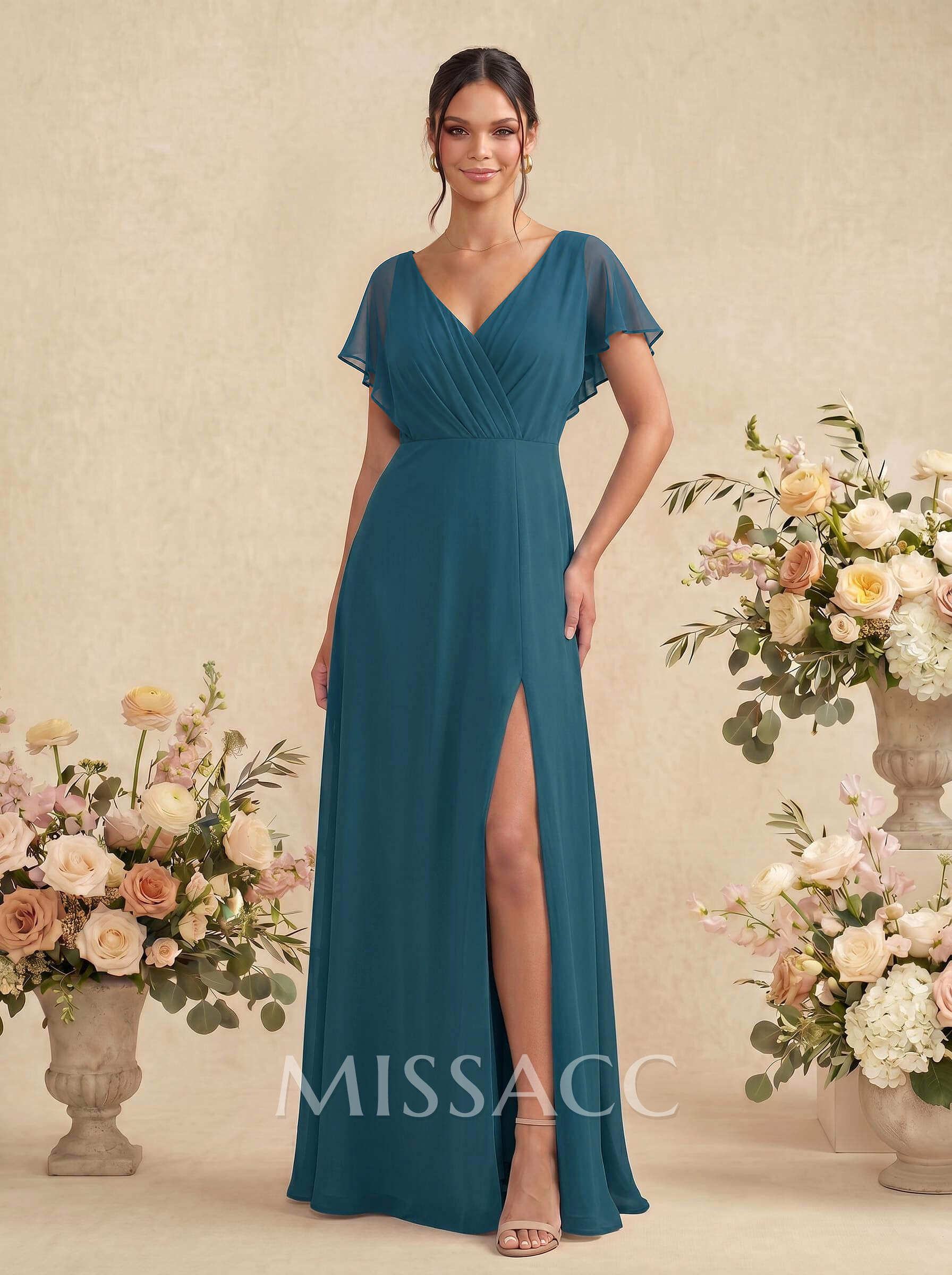 A-Line V-Neck Short Sleeves Floor-Length Chiffon Bridesmaid Dresses With Back Hole