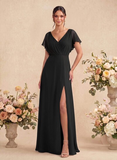 A-Line V-Neck Short Sleeves Floor-Length Chiffon Bridesmaid Dresses With Back Hole